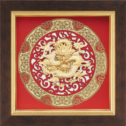 純金箔圓型窗花藝術立體金箔畫-祥龍獻瑞產品圖