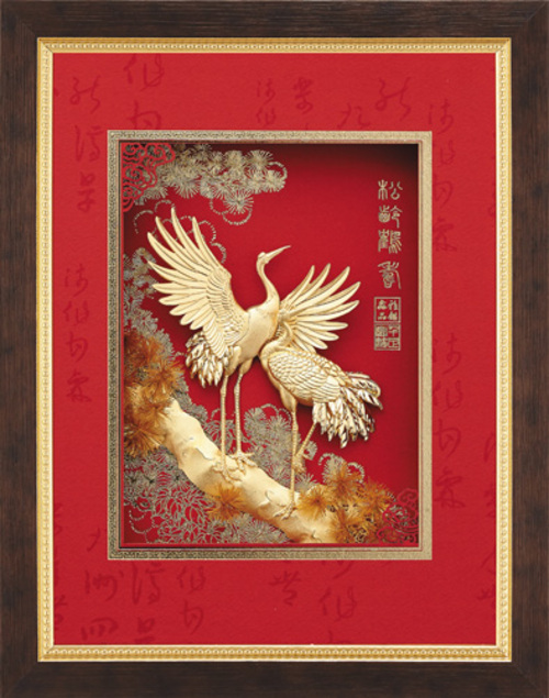 純金箔鴻福藝術立體金箔畫-松齡鶴壽